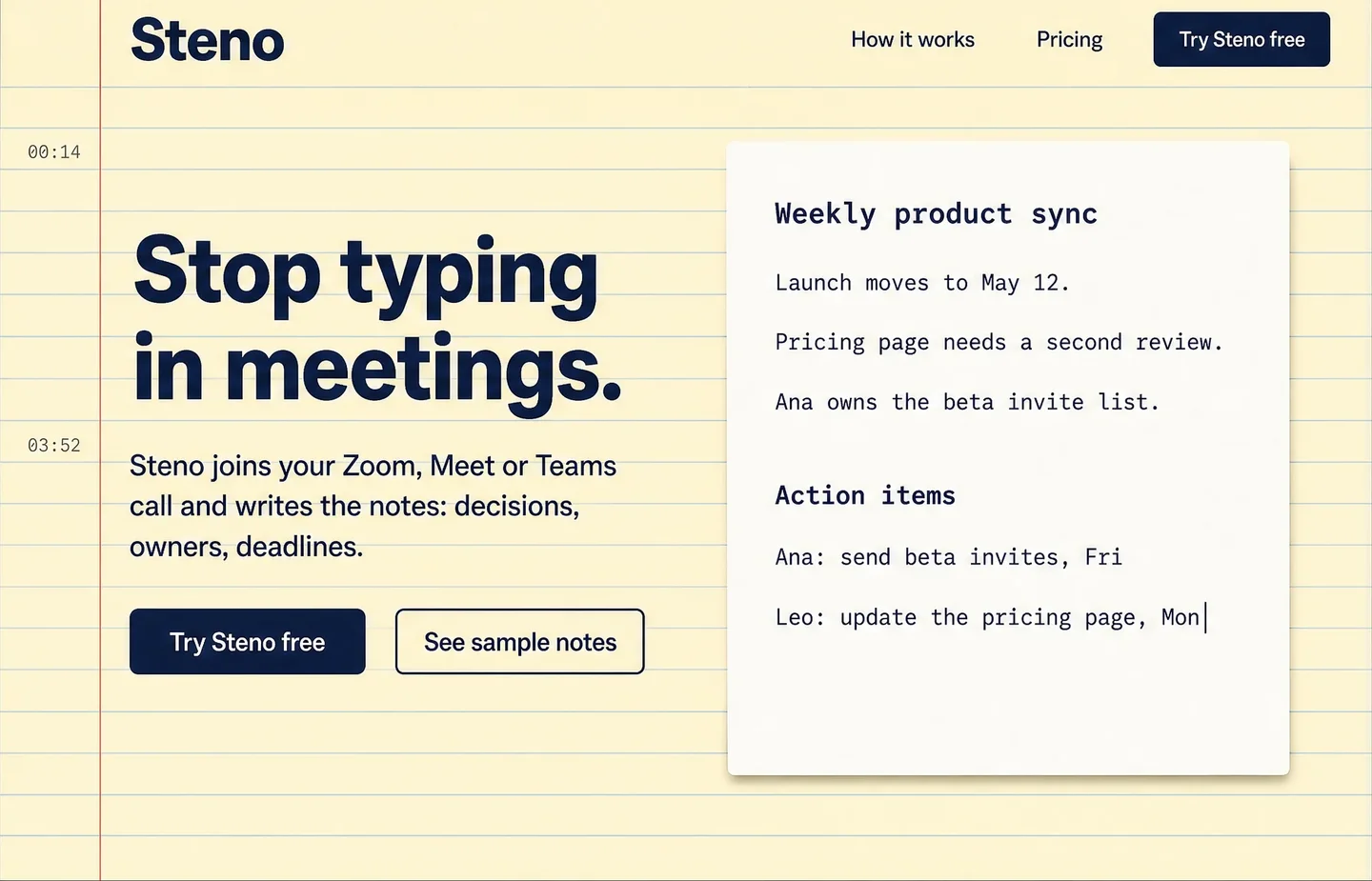 Steno, made through Super-Webdesigner: a yellow legal pad with a red margin line, the title 'Stop typing in meetings.' and a notes card writing itself